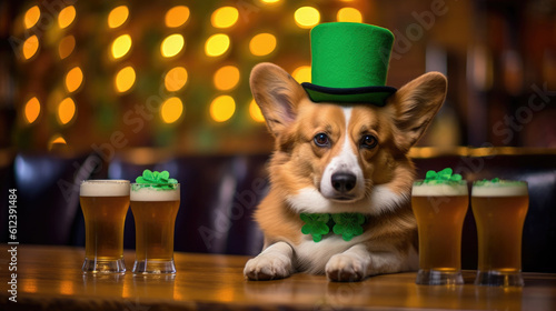 The dog celebrates St. Patrick's Day, an Irish holiday in March, a green hat, a suit. Corgi in the bar, bartender with beer. generated ai.