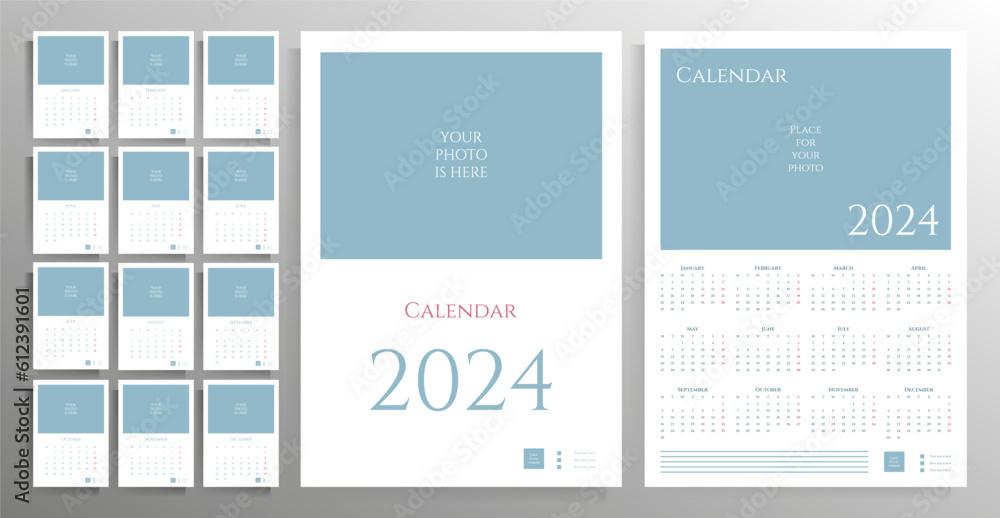 Calendar 2024 year. Design options for calendar vector templates with space for your photo. Vertical calendar - A4 posters, and a monthly vertical calendar.