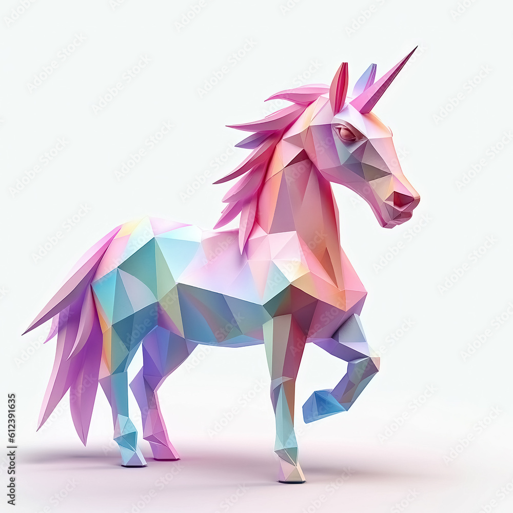 Obraz premium Origami unicorn in soft pastel shades of pink and blue, over white background. Generative AI