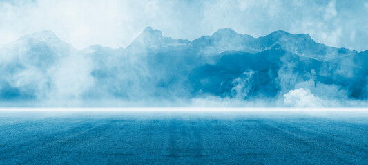 Dark street, asphalt abstract dark blue background, empty dark mountain range scene, with smoke mist cold white float up for display products