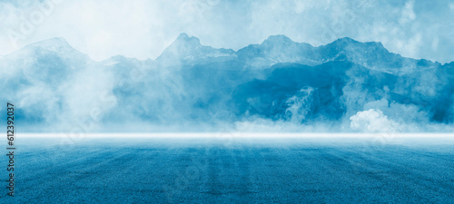 Dark street, asphalt abstract dark blue background, empty dark mountain range scene, with smoke mist cold white float up for display products