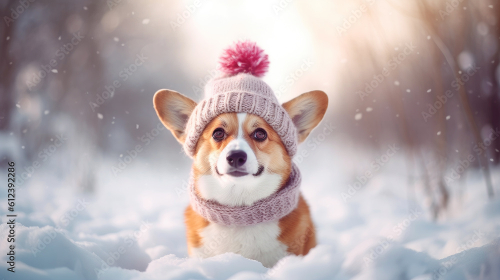Portrait of a winter dog walking in the snow. Dog in hat and scarf blurred background generated ai.