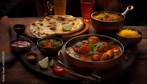 Traditional Indian dishes on the wooden table  selection of assorted spicy food Ai generated image