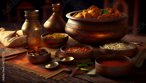 Traditional Indian dishes on the wooden table, selection of assorted spicy food Ai generated image