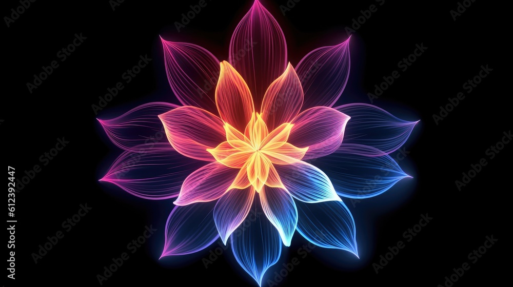 Multicolor neon light drawing, abstract shape flowers isolated on black background. Glowing line art. The Illumination of vibrant radiance of neon flower, Generative AI illustration Multicolor neon light drawing, abstract shape flowers isolated on black background. Glowing line art. The Illumination of vibrant radiance of neon flower, Generative AI illustration