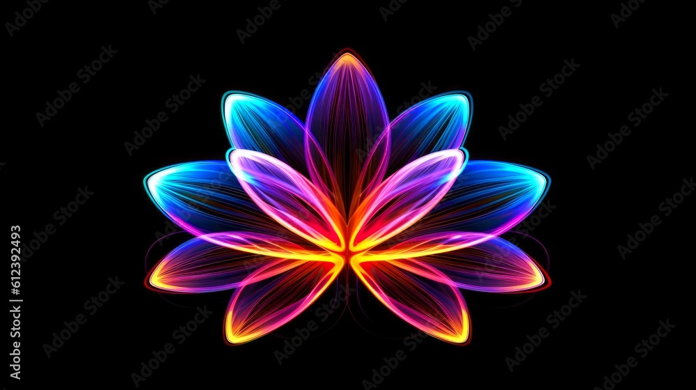 Fototapeta premium Multicolor neon light drawing, abstract shape flowers isolated on black background. Glowing line art. The Illumination of vibrant radiance of neon flower, Generative AI illustration