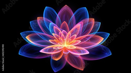 Multicolor neon light drawing, abstract shape flowers isolated on black background. Glowing line art. The Illumination of vibrant radiance of neon flower, Generative AI illustration