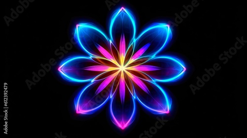 Multicolor neon light drawing  abstract shape flowers isolated on black background. Glowing line art. The Illumination of vibrant radiance of neon flower  Generative AI illustration