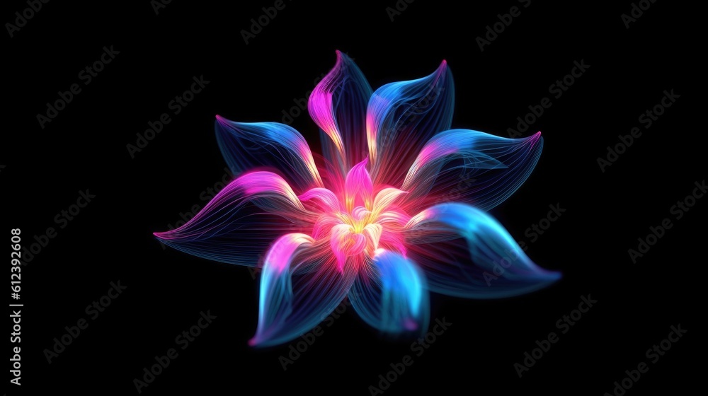 Multicolor neon light drawing, abstract shape flowers isolated on black background. Glowing line art. The Illumination of vibrant radiance of neon flower, Generative AI illustration Multicolor neon light drawing, abstract shape flowers isolated on black background. Glowing line art. The Illumination of vibrant radiance of neon flower, Generative AI illustration