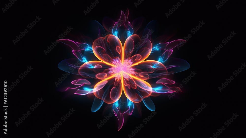 Multicolor neon light drawing, abstract shape flowers isolated on black background. Glowing line art. The Illumination of vibrant radiance of neon flower, Generative AI illustration Multicolor neon light drawing, abstract shape flowers isolated on black background. Glowing line art. The Illumination of vibrant radiance of neon flower, Generative AI illustration