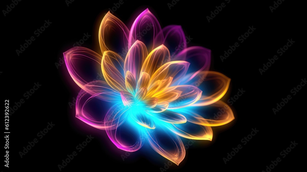 Multicolor neon light drawing, abstract shape flowers isolated on black background. Glowing line art. The Illumination of vibrant radiance of neon flower, Generative AI illustration Multicolor neon light drawing, abstract shape flowers isolated on black background. Glowing line art. The Illumination of vibrant radiance of neon flower, Generative AI illustration