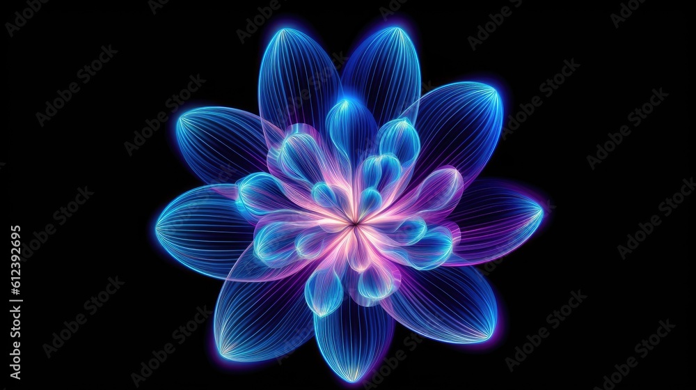 Multicolor neon light drawing, abstract shape flowers isolated on black background. Glowing line art. The Illumination of vibrant radiance of neon flower, Generative AI illustration Multicolor neon light drawing, abstract shape flowers isolated on black background. Glowing line art. The Illumination of vibrant radiance of neon flower, Generative AI illustration