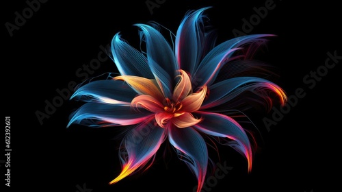 Multicolor neon light drawing  abstract shape flowers isolated on black background. Glowing line art. The Illumination of vibrant radiance of neon flower  Generative AI illustration