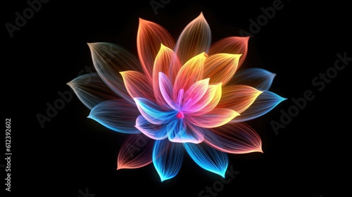 Multicolor neon light drawing, abstract shape flowers isolated on black background. Glowing line art. The Illumination of vibrant radiance of neon flower, Generative AI illustration
