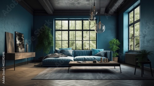 Modern elegant minimalistic luxury living room in blue tones. Blue walls and a sofa, wooden coffee table, parquet floors and a gray vintage carpet, live plants in floor pots, panoramic Generative AI
