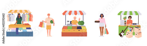 Set of people sellers and customers visitor characters at flea market, food stall and garage bazaar