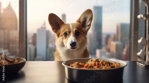 A dog and a bowl of dry food in a modern apartment, food, diet. corgi generated ai.