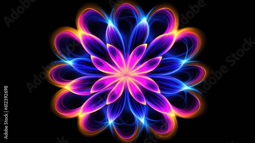 Multicolor neon light drawing  abstract shape flowers isolated on black background. Glowing line art. The Illumination of vibrant radiance of neon flower  Generative AI illustration