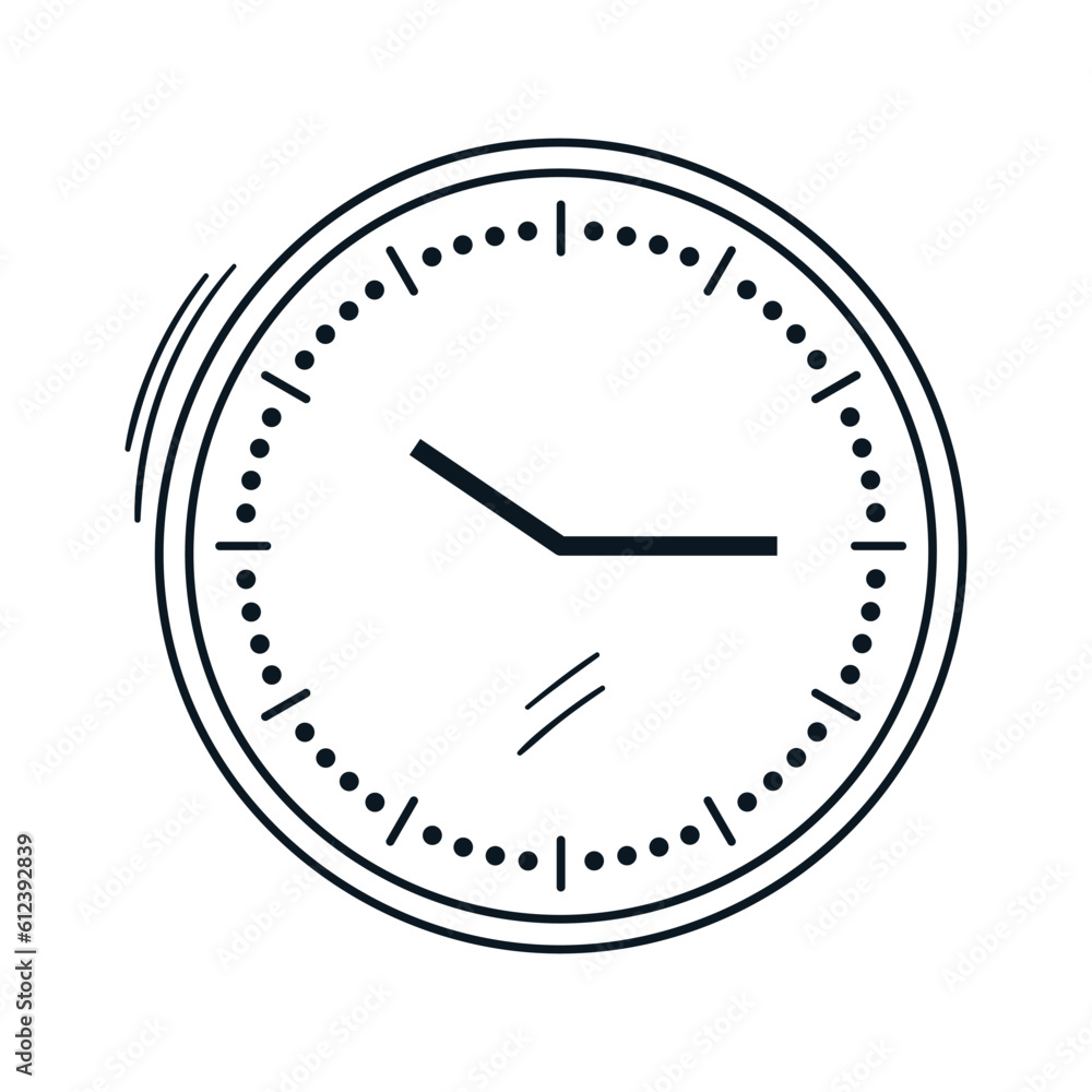 Outline wall clock illustration. Simple drawing of time device. Symbol of work and education. Contour vector icon. Outline wall clock illustration. Simple drawing of time device. Symbol of work and education. Contour vector icon.