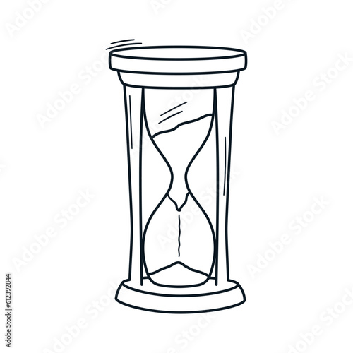 Outline hourglass illustration. Simple drawing of sand clock. Symbol of time. Hand drawn contour vector icon.