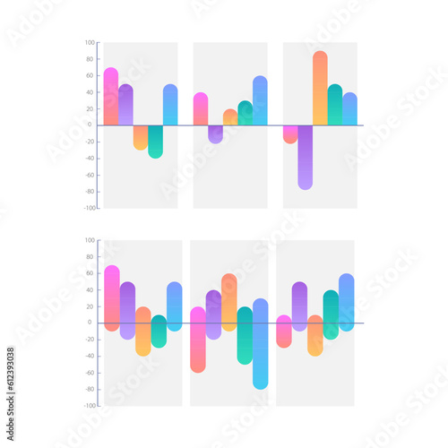 Opposite directions gradient infographic chart design template set. Productivity change. Market indicators. Visual data presentation. Bar graphs collection. Myriad Pro-Bold, Regular fonts used