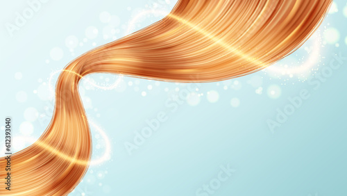 Banner for presentation cosmetic products. 3d vector illustration with realistic hair strands on blue background. Vector element for hairdresser salons, cosmetics, shampoo or conditioner package.