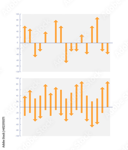 Ups and downs arrows infographic chart design template set. Financial results. Business analytics. Visual data presentation. Editable bar graphs collection. Myriad Pro-Bold, Regular fonts used