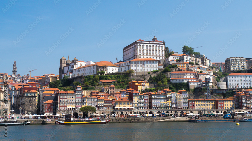Panoramic view of the Porto old town from the marina of the city of Gaia, Portugal.