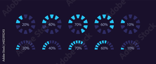Radial wheel progress infographic chart design template set for dark theme. Loading circle. Visual data presentation. Editable circular diagrams collection. Myriad Pro-Bold, Regular fonts used