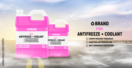 Antifreeze or coolant advertising banner. Realistic 3d vector illustration with bottles of coolant or antifreeze on highway with fog. Promo banner of pink anti freeze for car cooling system.