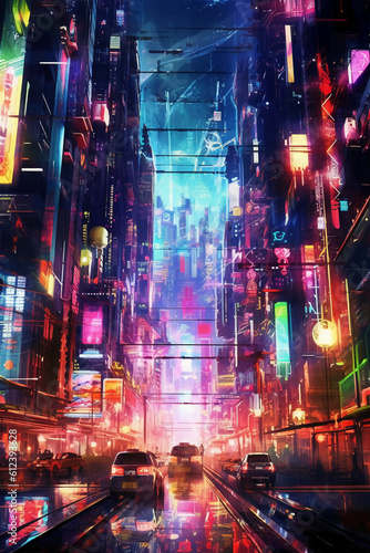 Futuristic cyber city lights with an edgy color scheme. AI generative