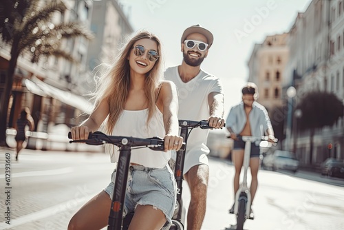 Friends using an electric scooter. AI generative