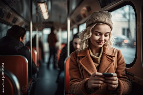Woman using a mobile phone sitting on the bus. AI generative