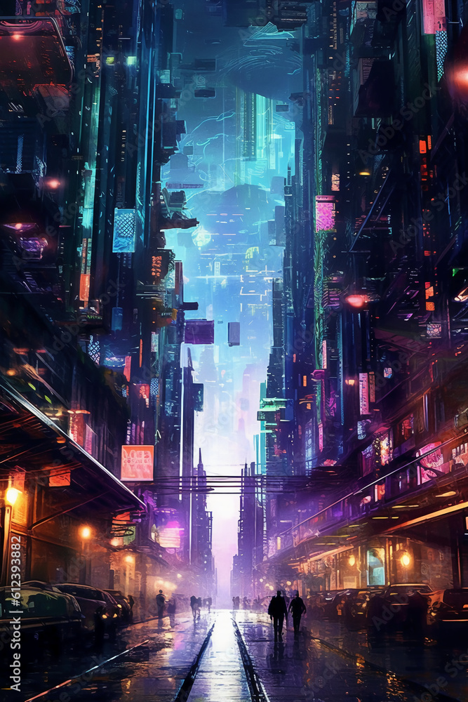 Futuristic cyber city lights with an edgy color scheme. AI generative