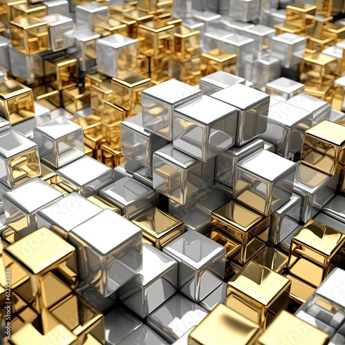 Gold Platinum Cubes on White Background - 3D Rendering Blocks Modeling Wealth and Business Success Concept  Generative AI