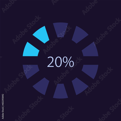 Segmented circle progress bar infographic chart design template for dark theme. Editable radial infochart with percentage amount. Visual data presentation. Myriad Pro-Bold, Regular fonts used