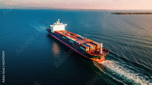 Container Cargo Vessel Over Calm Ocean: Aerial Front View of Loaded Ship for Sea Transport Industry: Generative AI