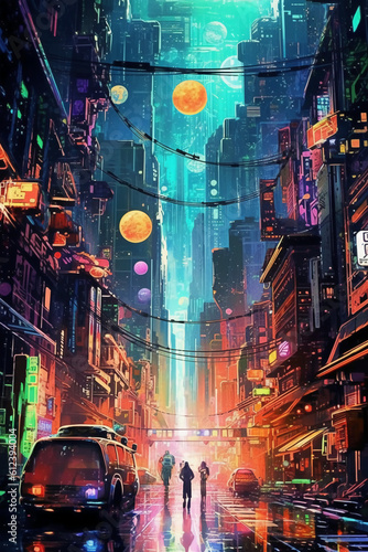Futuristic cyber city lights with an edgy color scheme. AI generative © SANGHYUN