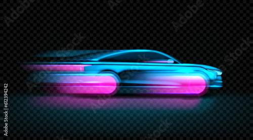 Template of moving neon glowing sport car silhouette. Vector illustration with side view on high speed moving car with glowing silhouette isolated on checkered background. Concept of electric vehicle.