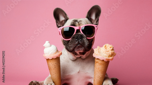 dog and cold sweet ice cream, summer vacation, travel, cooling. Pink background generated ai.