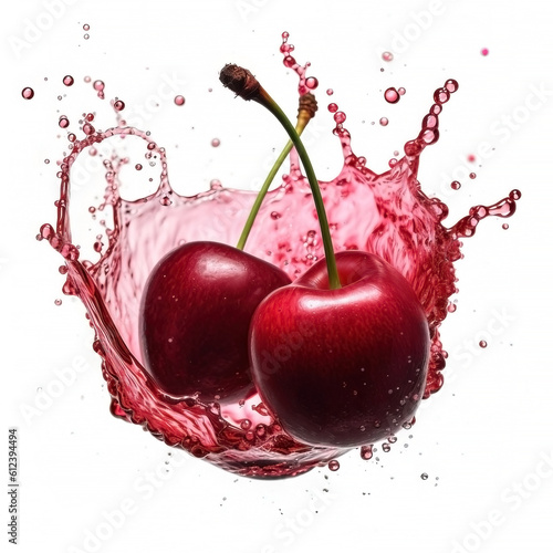Fresh Cherry with vivid juice and water splashes isolated on white background, generative AI