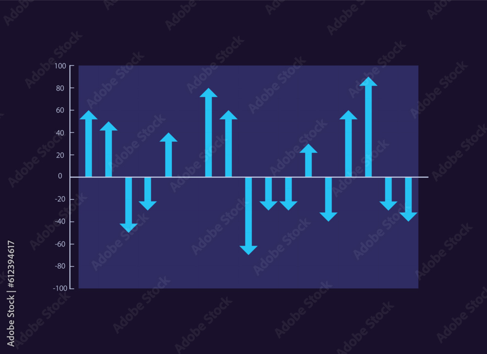 Two directions arrows infographic chart design template for dark theme. Up and down values. Editable infochart with vertical bar graphs. Visual data presentation. Myriad Pro-Bold, Regular fonts used