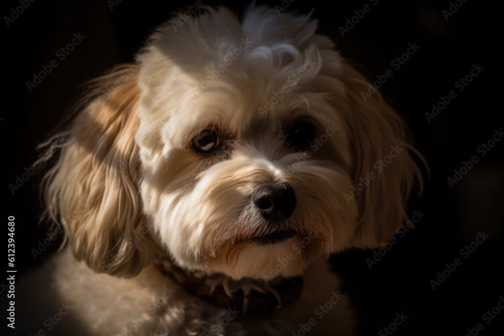 Portrait of a dog of the Maltipoo breed close-up, generative ai