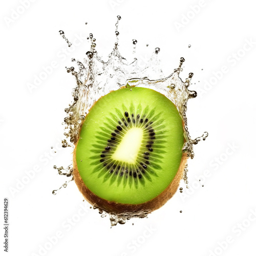  Fresh kiwi with vivid juice and water splashes isolated on white background  generative AI  