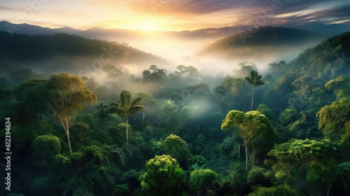 Amazon forest at sunset. Generative AI