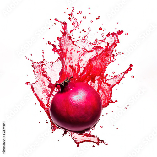  Fresh pomegranate with vivid juice and water splashes isolated on white background, generative AI