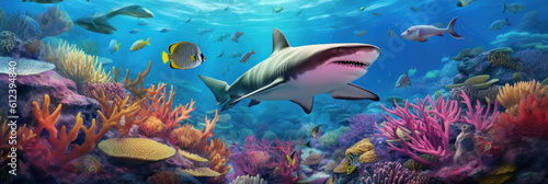Tela Coral reef landscape and tiger shark. Illustration AI Generative.