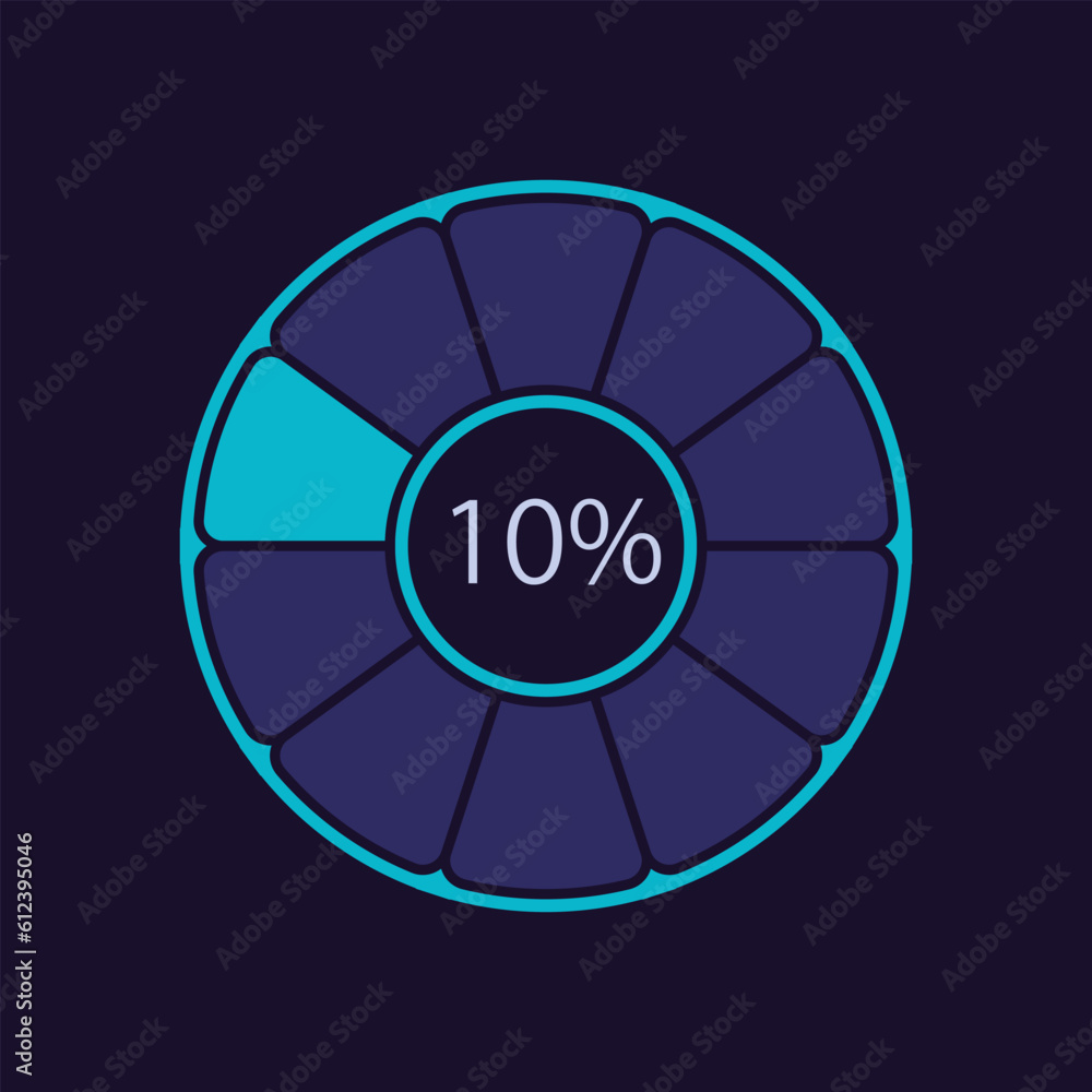 Donut infographic chart design template for dark theme. Ten percentage. Sales part. Editable radial infochart with success level. Visual data presentation. Myriad Pro-Bold, Regular fonts used Donut infographic chart design template for dark theme. Ten percentage. Sales part. Editable radial infochart with success level. Visual data presentation. Myriad Pro-Bold, Regular fonts used