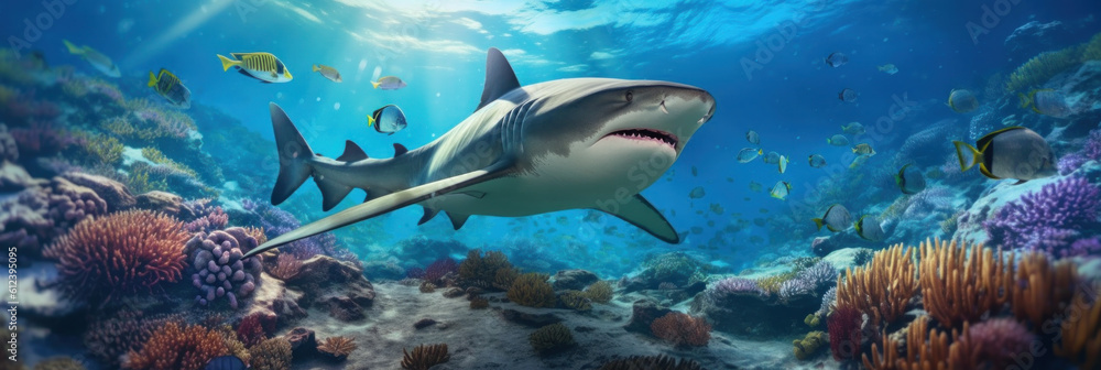 Fototapeta premium Coral reef landscape and tiger shark. Illustration AI Generative.