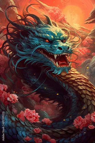 Chinese dragon new year background. Illustration AI Generative.